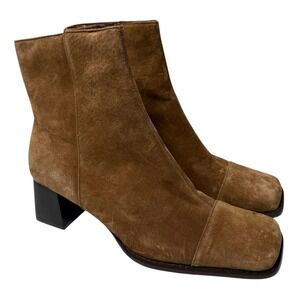 Classique Brown Suede Square Toe Block Heel Ankle Boots Women's Size 8M